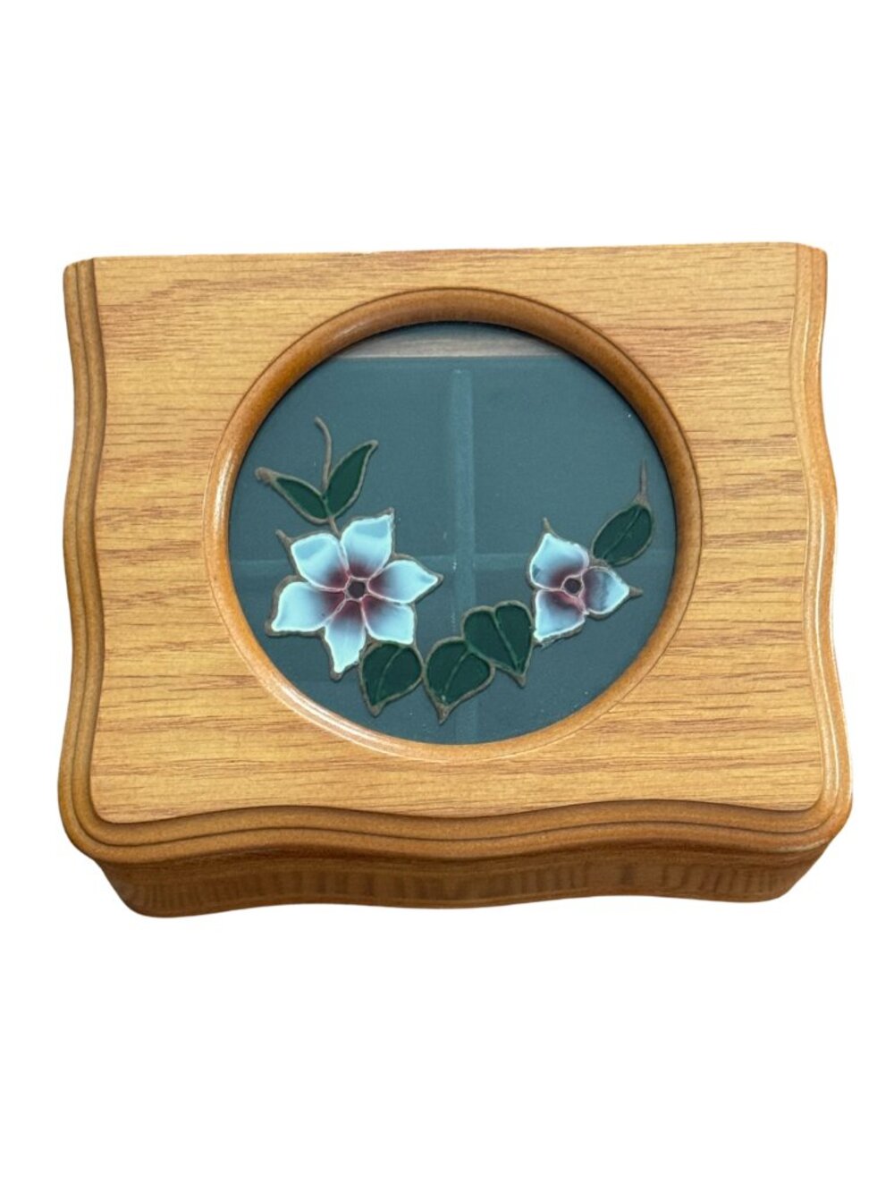 Mele Wooden Jewelry Box Green Velvet Lift Out Tray Glass Floral Lid